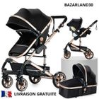 BAZARLAND30. Poussette 3 en 1 Bébé Combinée Siège-Auto Nacelle Réversible Réglable Haute Qualité Roues increvables Canne noir et or