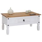 IDIMEX Table basse CAMPO table d'appoint rectangulaire en pin massif blanc et brun avec 1 tiroir, meuble de salon style mexicain en bois