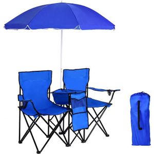 CHAISE DE CAMPING GOPLUS Chaise de Camping Pliante 2 Places avec Parasol & Poche Isotherme & Porte-gobelet & Sac de Transport, Charge120KG*2, Bleu