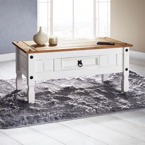 TABLE BASSE Table basse CAMPO table d'appoint rectangulaire en pin massif blanc et brun avec 1 tiroir, meuble de salon style mexicain en bois