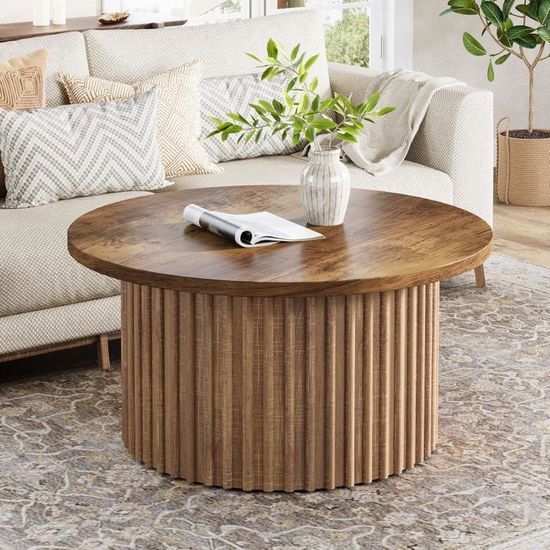 Table Basse Ronde Industrielle 80x80x45 Cm - Plateau Bois épais 3 Cm, Pied Métal Noir - Style Rustique Moderne Pour Salon