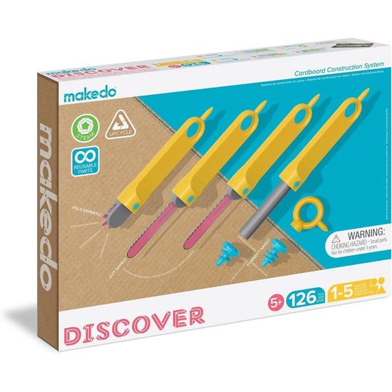Makedo Discover | Jeu de construction en carton pour enfants, 126 pièces | Jouets Éducatifs STEM + STEAM pour Jouer à la Maison et Apprendre en Classe