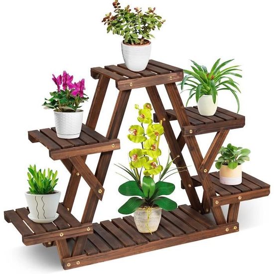 Étagère à Fleurs RELAX4LIFE 6 Niveaux En Bois Massif - Support Plantes Intérieur Extérieur, Grande Capacité
