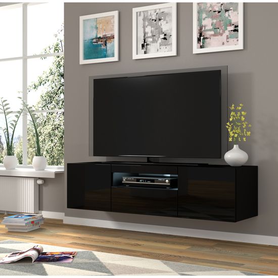 Meuble TV universel Aura 150 cm à poser ou suspendu, noir mat / noir ...