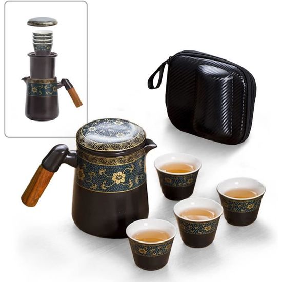 Jeu De Thé Portable Kung Fu En Porcelaine Japonaise – 4 Tasses + Serveur 70 Ml, Plateau Et Sac De Voyage – Idéal Pour Thé Vert Ou Pu-erh