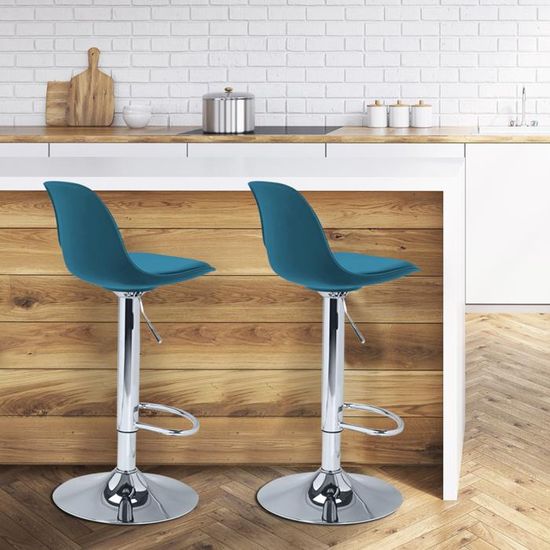 Lot De 2 Tabourets De Bar Karl Design Bleu Canard Pied Noir – Réglables, Pivotants, Confortables & Modernes