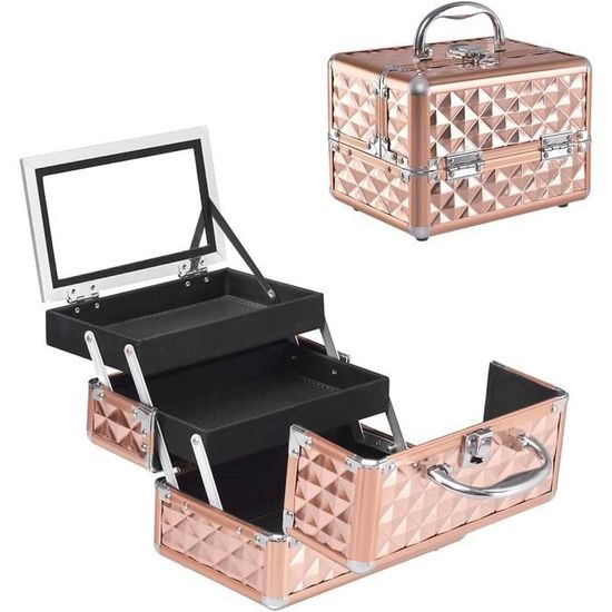 Mallette Maquillage GIANTEX - 2 Plateaux Extensibles, Miroir - Range-Cosmétiques Portable (Rose)
