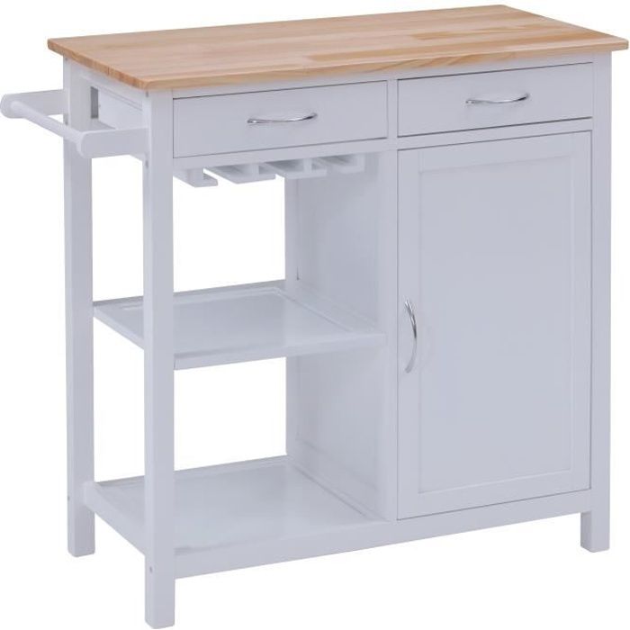 ANDRIA Desserte cuisine plateau pin massif L 82 cm - Blanc laqué
