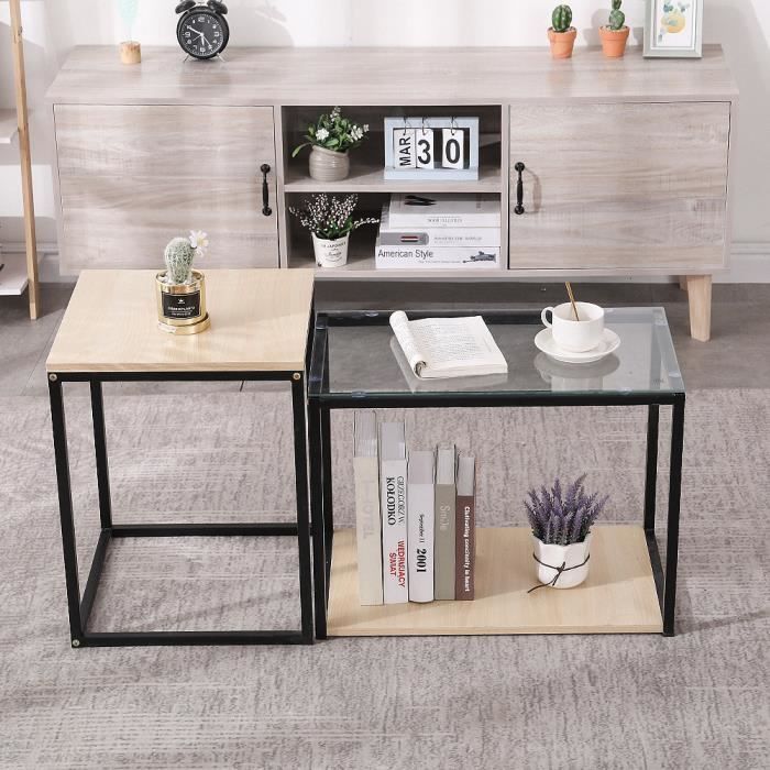 Lot de 2 Table Basse Gigognes Plateau Bois Noyer Pieds Métal Noir,Style Industriel Vintage-YONGSHIA
