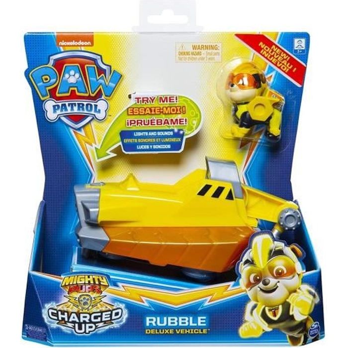 Pat Patrouille : Ruben Et Son Vehicule De Chantier Sonores Et Lumineuse - Vehicule Mighty Pups - Figurine Chien - Paw Patrol