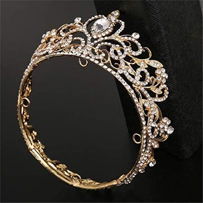 Ronde Diadème de Mariage Cristal Nuptiale Couronne de Cristal Strass Coiffe de Mariée Princesse Fille, Or