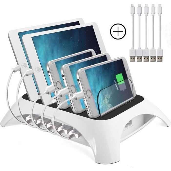 Station de Charge avec 5 Ports USB de recharge Support de Charge pour iPad iPhone Samsung Smartphones Tablettes, 5 câbles inclus