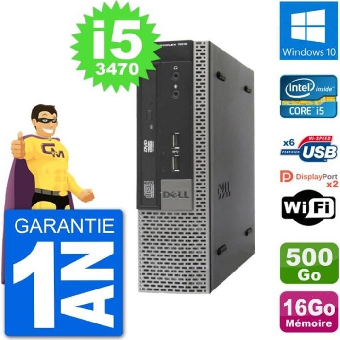 Ultra Mini PC Dell 7010 USFF i5-3470 RAM 16Go Disque Dur 500Go Windows 10 Wifi