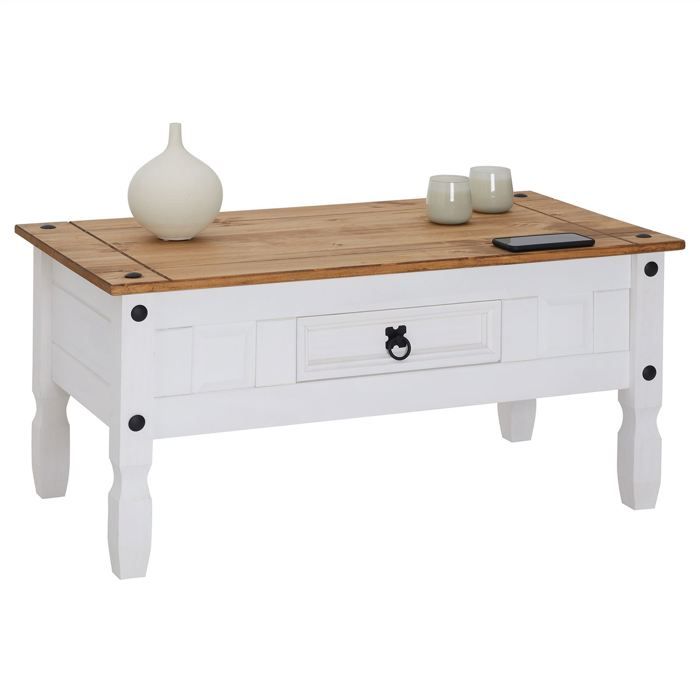 Table basse CAMPO table d'appoint rectangulaire en pin massif blanc et brun avec 1 tiroir, meuble de salon style mexicain en bois