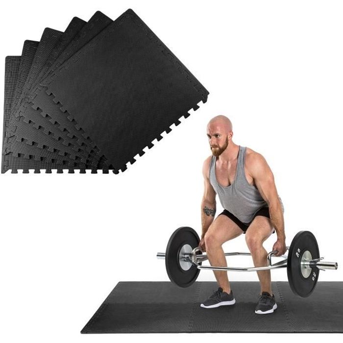 Klarfit Puzzta Set de 6 tapis de sol antidérapants en mousse EVA 12 bordures MemorySafe - Pour gym , yoga ou musculation - Noir