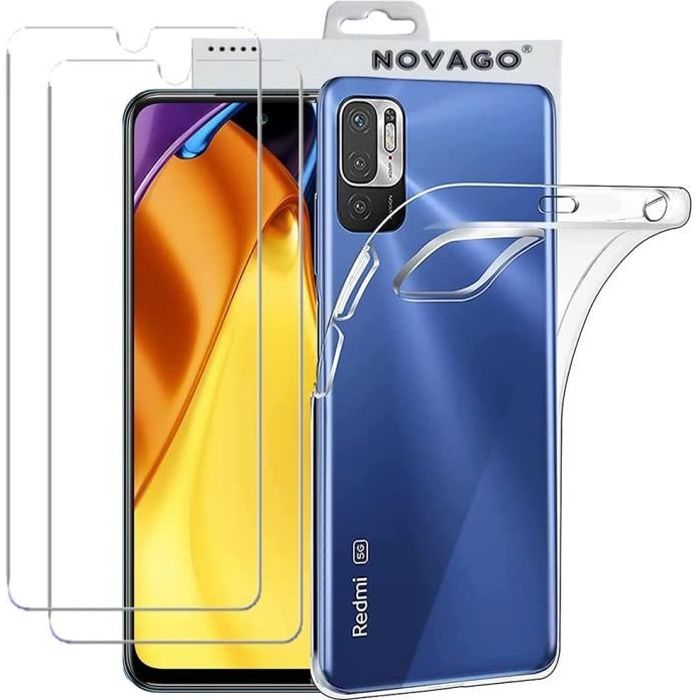 Pour Xiaomi Poco M3 Pro et Redmi Note 10 5G -Coque transparente gel solide et 2 protections vitre écran verre trempé résistant