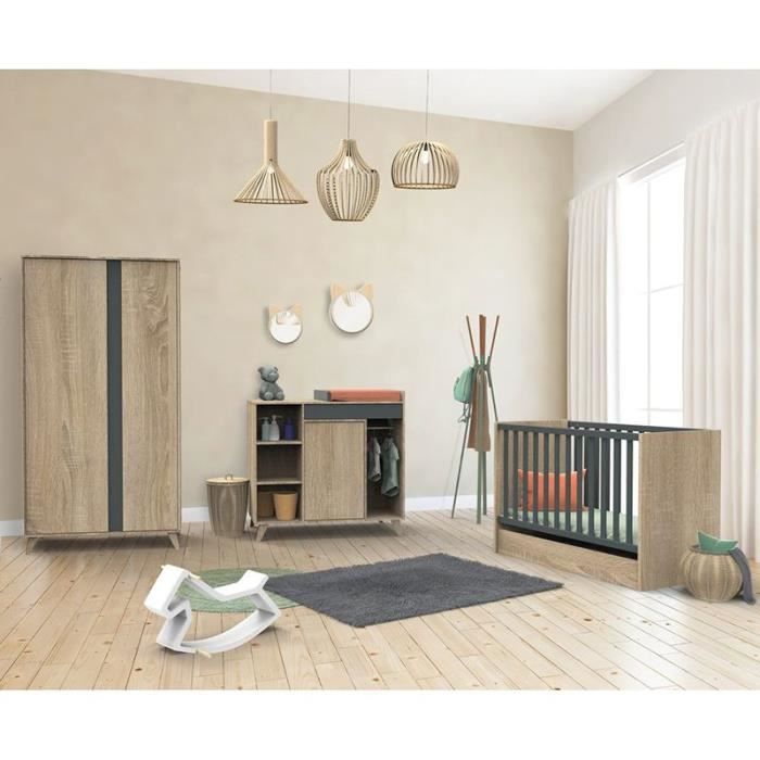 Chambre complete bebe Sauthon avec lit Nova Gris Volcan 140 x 70 cm évolutif en 90 x 200 et 140 x 200 cm