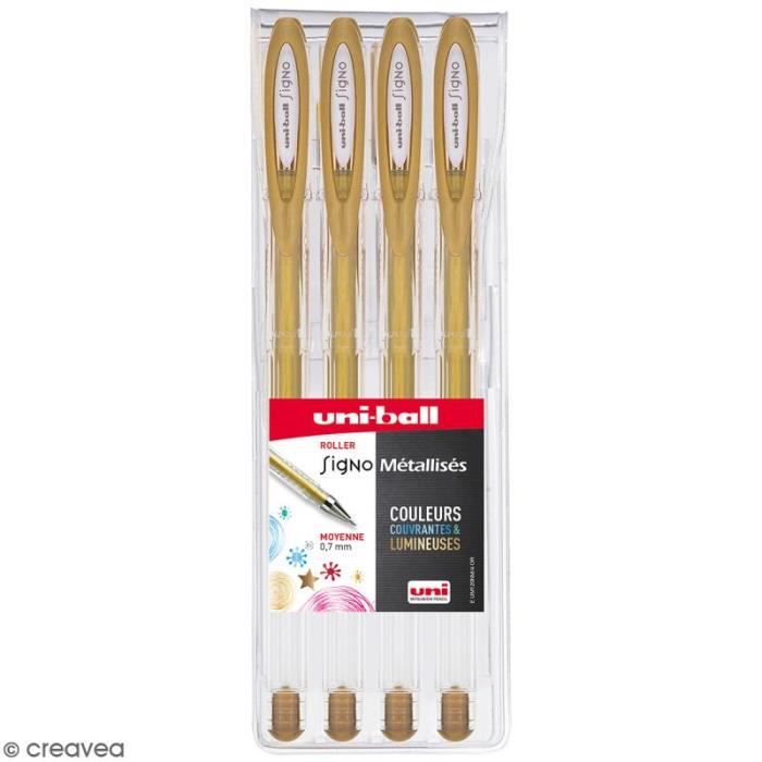 Pochette stylos roller gel Signo Métallisés - Ecriture moyenne 0,7 mm - Doré - 4 pcs
