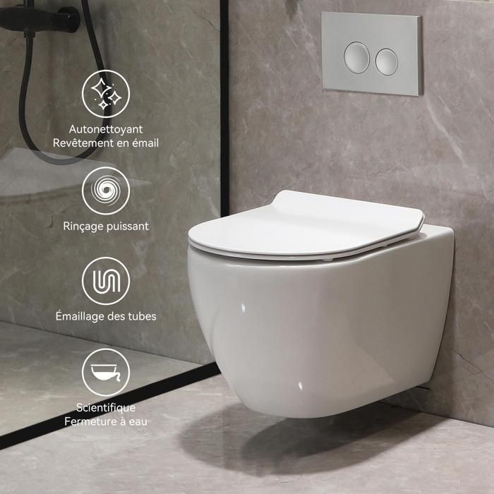 WC mural avec abattant et système d'abaissement automatique - Kit complet de WC suspendu en céramique - Cuvette de WC - 52×36×36cm