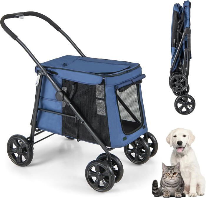 Meilleurs prix pour GOPLUS Poussette pour Chien Chat, Poussette Pliable à 4 Roues avec Portes Zippées, Lucarne Respirante, Fenêtres en Maille, Bleu
