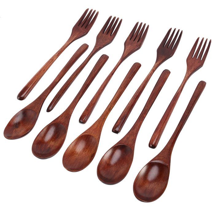 Luntfeiy Lot De 9 Ustensiles De Cuisine En Bois De Teck – Ensemble Complet Avec Support Et Repose-Cuillère