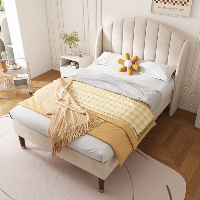 Lit simple - SEA WALL - 90x200 - Velours beige - Sommier à lattes - Tête de lit rembourrée