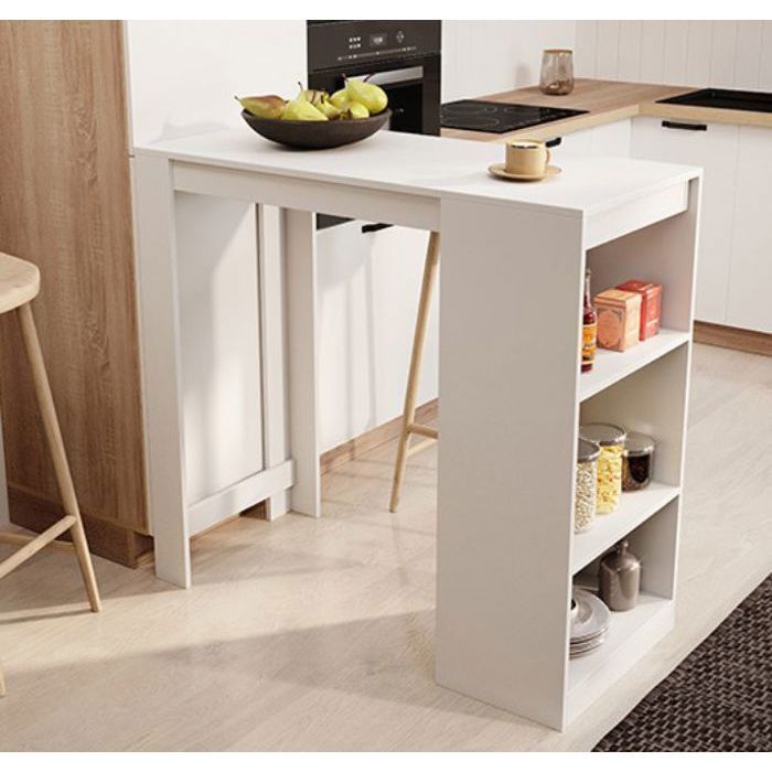Table haute de bar 110 x 103 x 50 cm Couleur Blanc mat Table de cuisine avec 3 étagères Modèle Kyra Table haute de bar 110 x 103 x 50 cm Couleur Blanc mat Table de cuisine avec 3 étagères Modèle Kyra