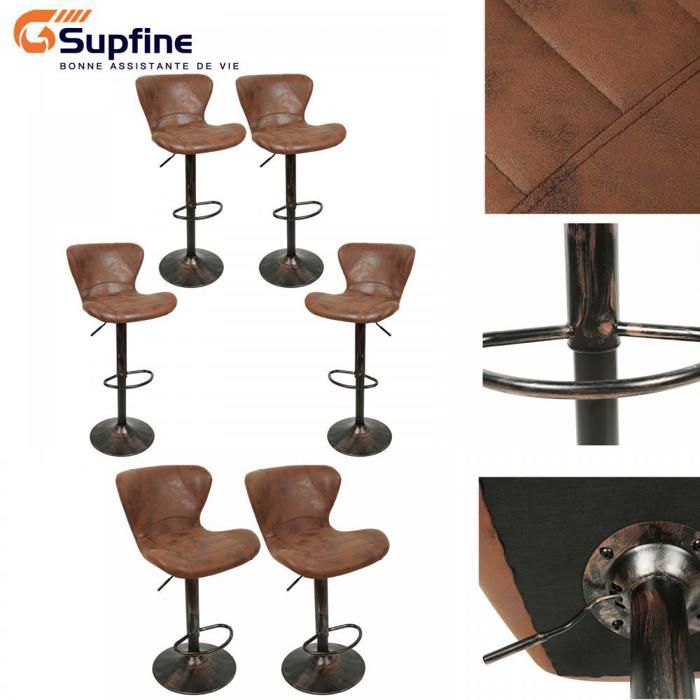 SUPFINE Tabourets de Bar Vintage Siège en Cuir PU Pied en Métal Capacité de Charge 120kg Set de 6 Chaises de Bar Marron