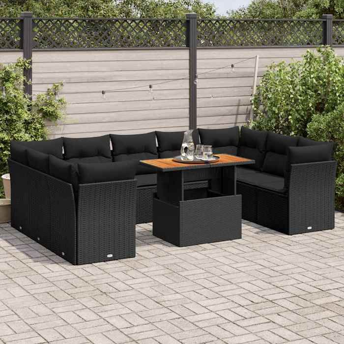 vidaXL Salon de jardin 10 pcs avec coussins noir résine tressée ensemble de canapés dextérieur salon de jardin 3326967