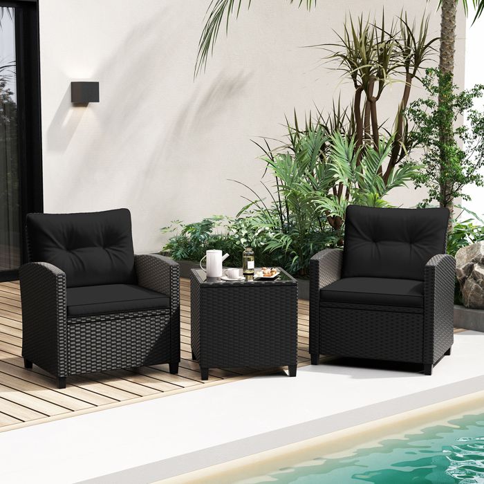 COSTWAY Ensemble Meubles de Jardin en Osier 3 PCS Table Basse et 2 Fauteuils Coussins de Siège et de Dossier Rembourrés Noir COSTWAY Ensemble Meubles de Jardin en Osier 3 PCS Table Basse et 2 Fauteuils Coussins de Siège et de Dossier Rembourrés Noir