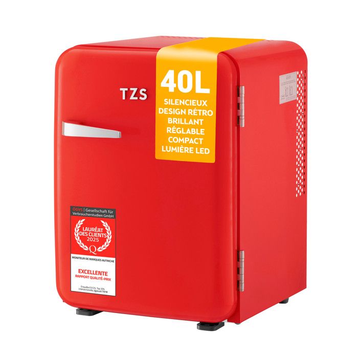 Mini-réfrigérateur 40L totalement silencieux design rétro 2 compartiments de porte + 6 étagères flexibles - Rouge