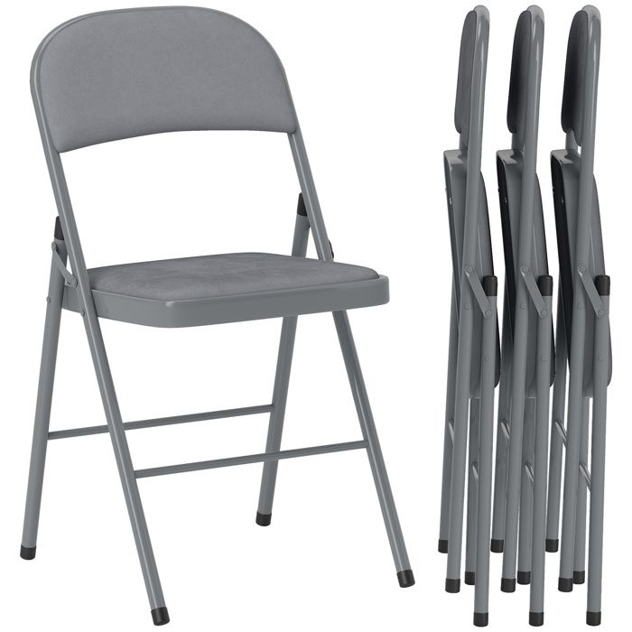 Lot de 4 chaises pliantes et portables intérieur avec assises et dossiers rembourrés en velours cadre en acier gris clair