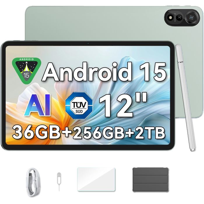 Blackview Mega2 WiFi — Tablette 12 2K 90Hz Android 15 36 Go RAM 256 Go ROM 9000 mAh Wi‑Fi 6 16+8 MP Vert