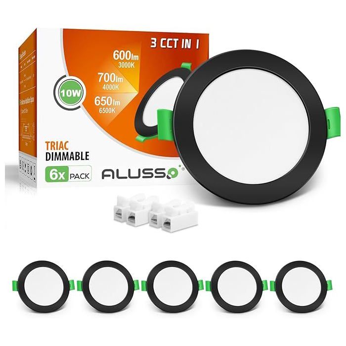 ALUSSO LED Spot Encastrable Noir 10W 700LM Dimmable 3000K/4000K/6500K réglable IP44 Trou Φ125-135mm éclairage Plafond Lot de 6