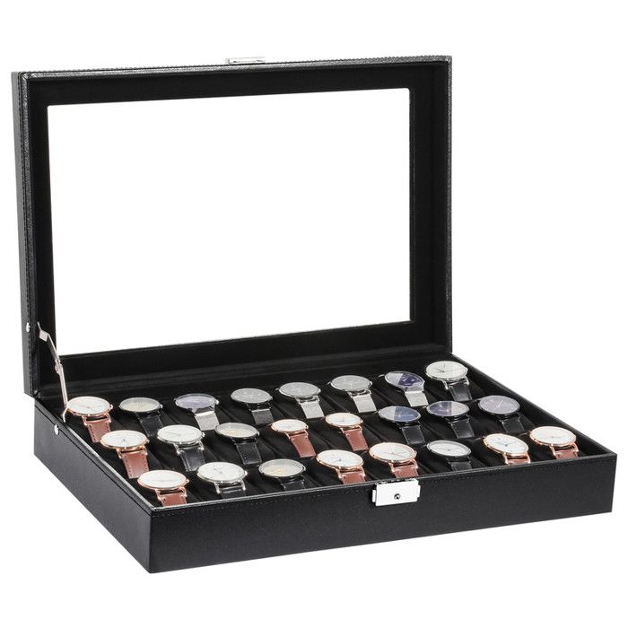 Boîte à Montres 24 Compartiments - Coffret En PU Marron, Doublure Velours, Couvercle Verre - Avec Serrure Et Clé - Pour Collection, Rangement Sécurisé