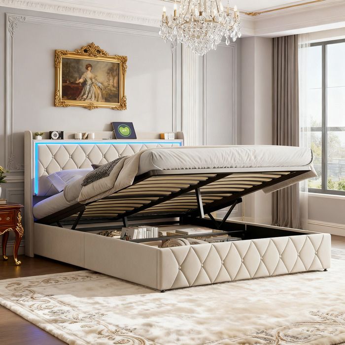 Lit coffre 140x190 - CWXL - Sommier à lattes - Tête capitonnée velours beige - LED & USB