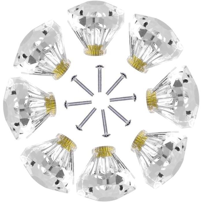Boutons de porte en cristal - PZCC - Lot de 8 - 25 mm - Poignées de diamant - Verre cristal clair - Vis incluses