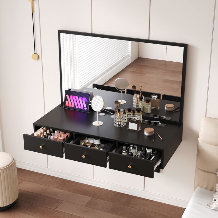 Coiffeuse Murale Noire avec Miroir - Table de Maquillage Suspendue avec ...