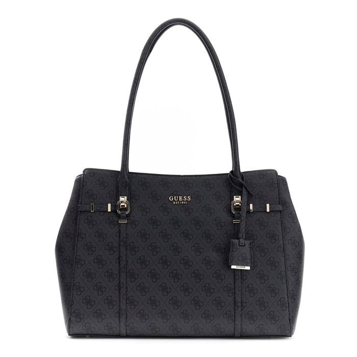 GUESS Sac à épaule gris foncé noir pour femme - Leona Logo 2 Compartment Tote Bag Coal Logo 338082