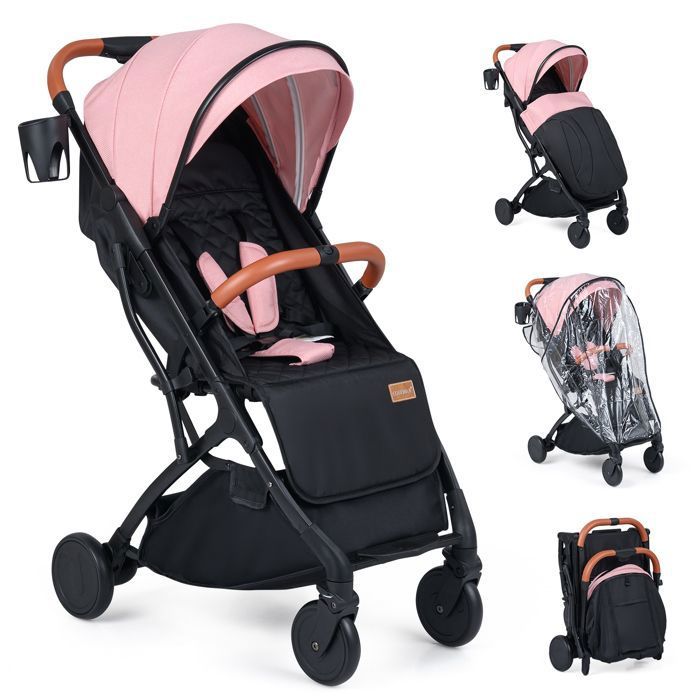 Poussette Nouveau-né Pliable à une Main COSTWAY-Capote RéglableDossier Inclinable-PanierHousse Pluie Porte-Gobelet15 kg-Rose