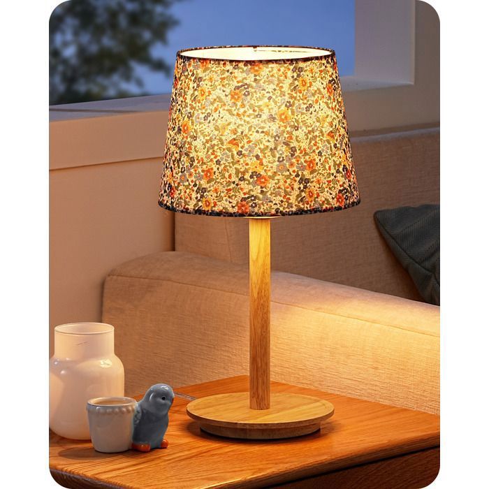 Lampe de chevet - EDISHINE - Vintage Wildflower - Socle bois massif plat - Abat-jour tissu floral bleu - LED 2700K E27