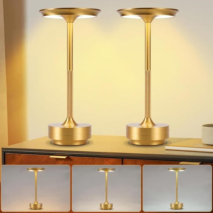 Homefire Lampe de chevet sans fil sur batterie – Lot de 2 lampes de table LED tactiles dimmables rechargeables par USB couleur or.