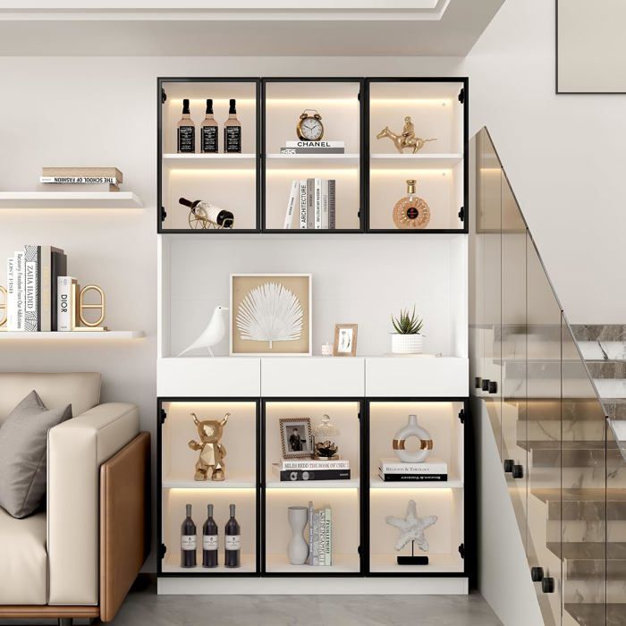 Vitrine en Verre Moderne Bibliothèque avec Éclairage LED et Bureau Intégré 6 Portes en Verre 3 Tiroirs et Étagères Réglables 200cm