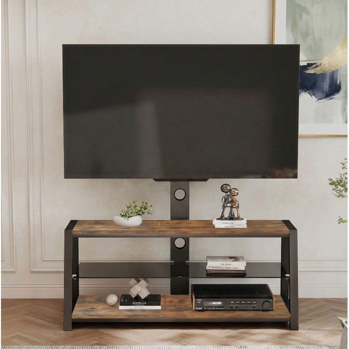 Meuble TV brun L 116 x P 42 x H 125 cm support TV pivotant et réglable verre trempé
