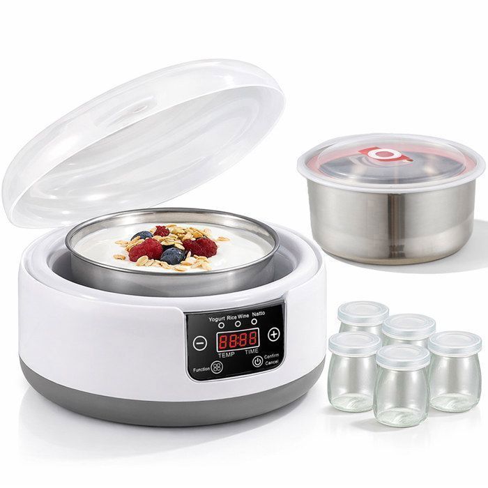 Yaourtière5 Pots 100 ml+Cuve Intérieure en Acier Inoxydable 3043 ProgrammesProgrammable Jusquà 42hSans BPA
