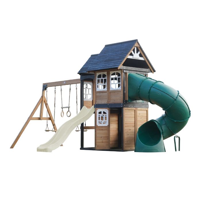 Aire de jeux - AXI - AXI Noud - 2 balançoires - Toboggan 220 cm & tubulaire - Maisonnette XXL