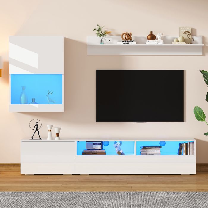 Ensemble meuble TV mural et sur pied avec vitrine LED et finitions haute brillance blanc