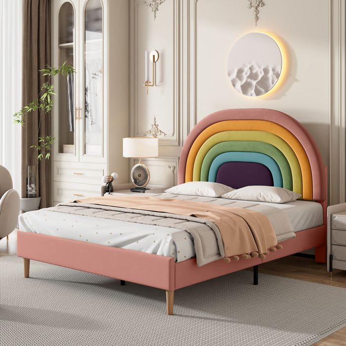 Lit Enfant Double 140x200 cm Tête de Lit Arc-en-Ciel Réglable avec Revêtement Velours - pour Chambre Fille - Rose Sans Matelas