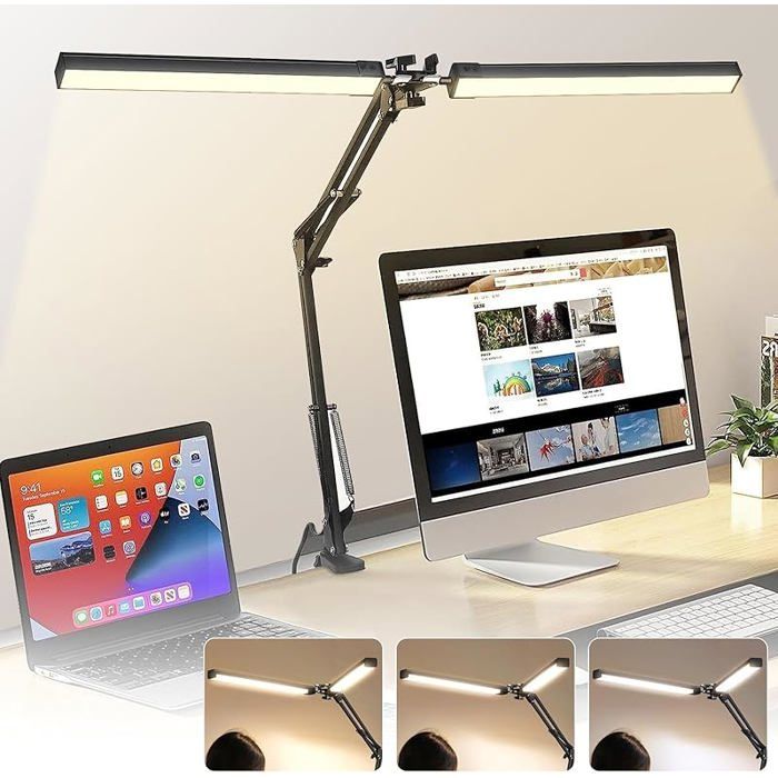 Lampe de Bureau LED à Double Tête Lampe à Pince Pliable Respectueuse des Yeux 3 Ttempératures de 10 Niveaux Couleur LAMPE A POSER