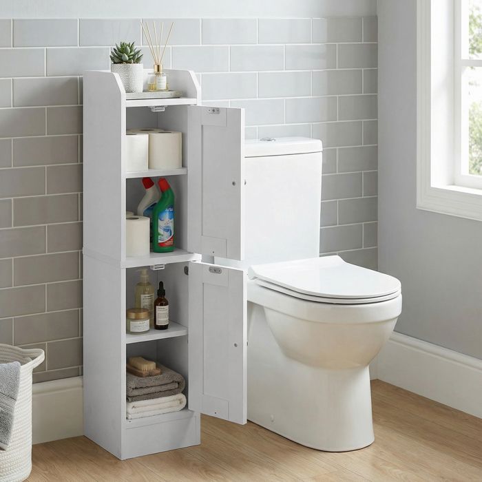 Colonne de salle de bain Fin Colonne de Rangement avec Portes Réversibles Style Maison de Campagne Blanc